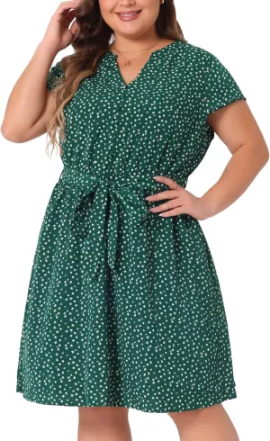 Agnes Orinda Dresses for Women Plus Size 2024 V Neck Short Sleeve Tie Waist Sundress Summer Casual Midi Dress
