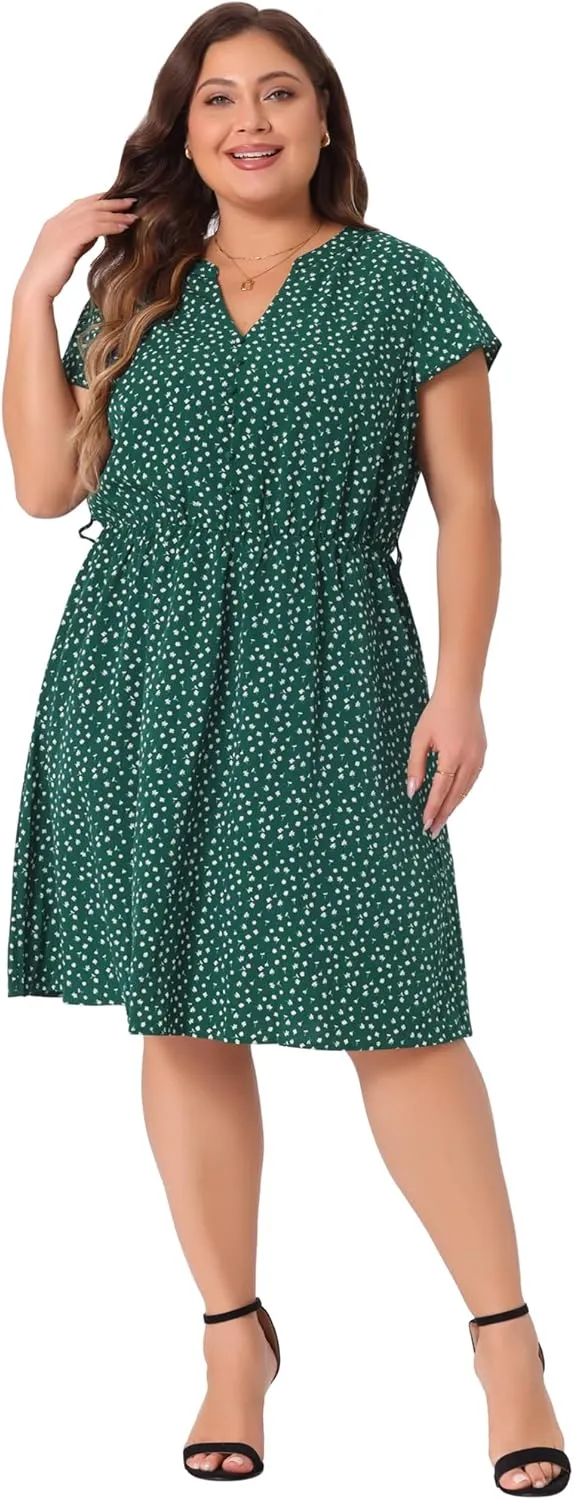 Agnes Orinda Dresses for Women Plus Size 2024 V Neck Short Sleeve Tie Waist Sundress Summer Casual Midi Dress