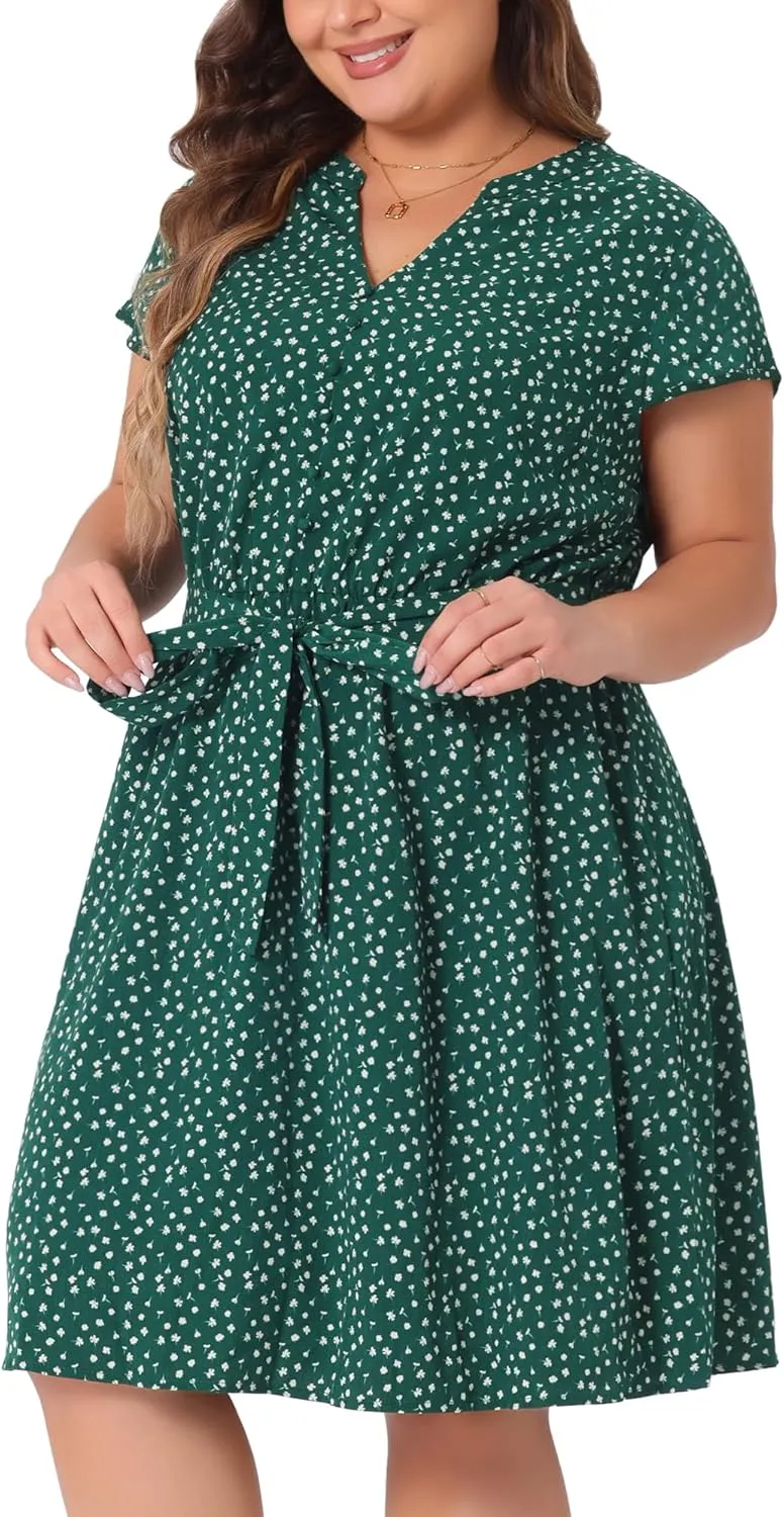 Agnes Orinda Dresses for Women Plus Size 2024 V Neck Short Sleeve Tie Waist Sundress Summer Casual Midi Dress