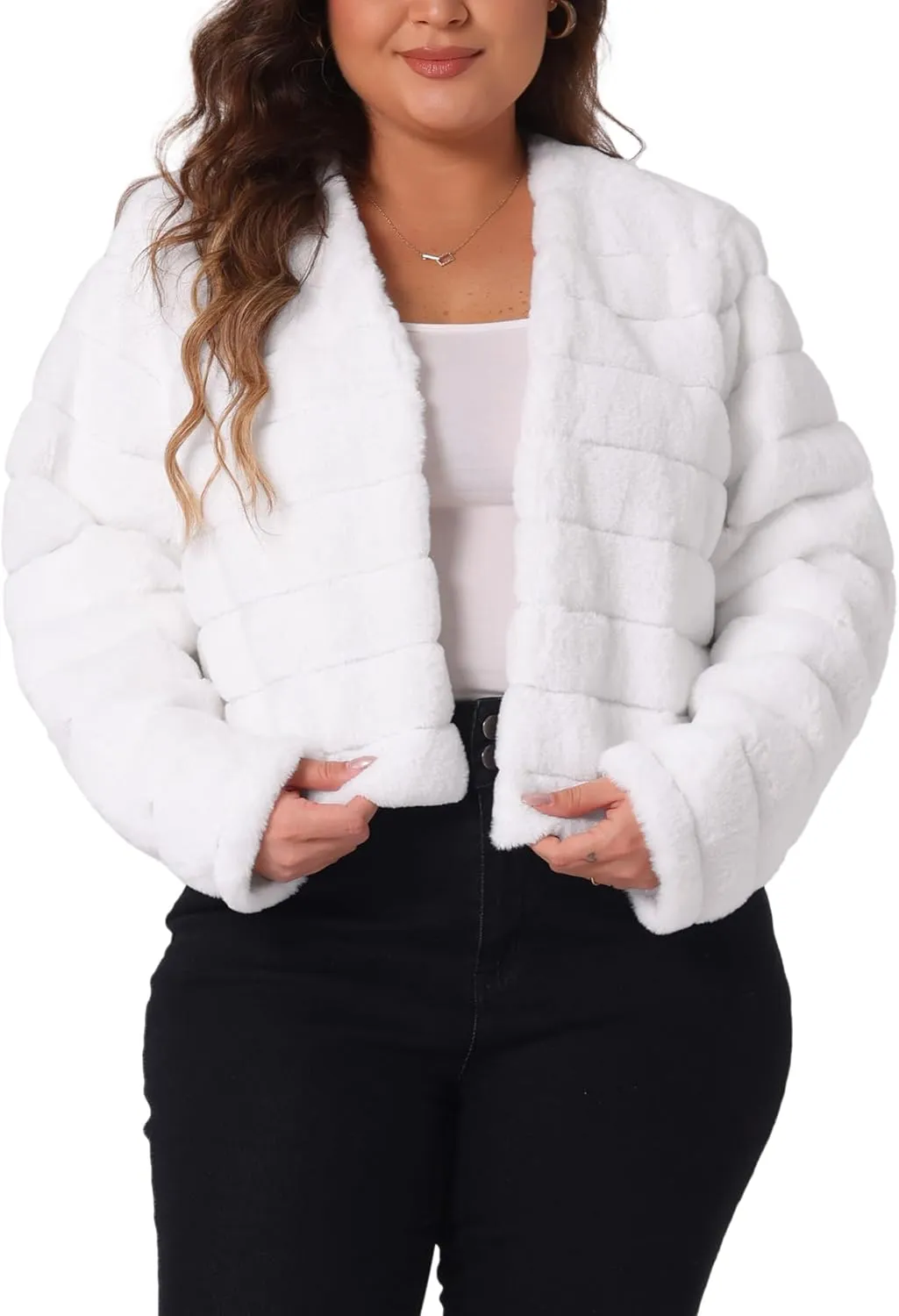 Agnes Orinda Plus Size Faux Fur Jacket for Women Open Front Collarless Wedding Formal Cropped Faux Fur Winter Jackets