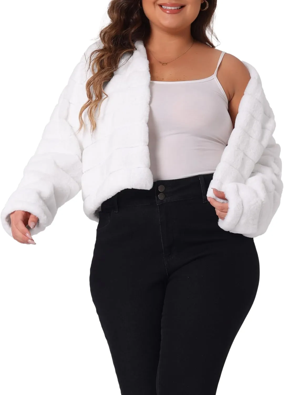 Agnes Orinda Plus Size Faux Fur Jacket for Women Open Front Collarless Wedding Formal Cropped Faux Fur Winter Jackets