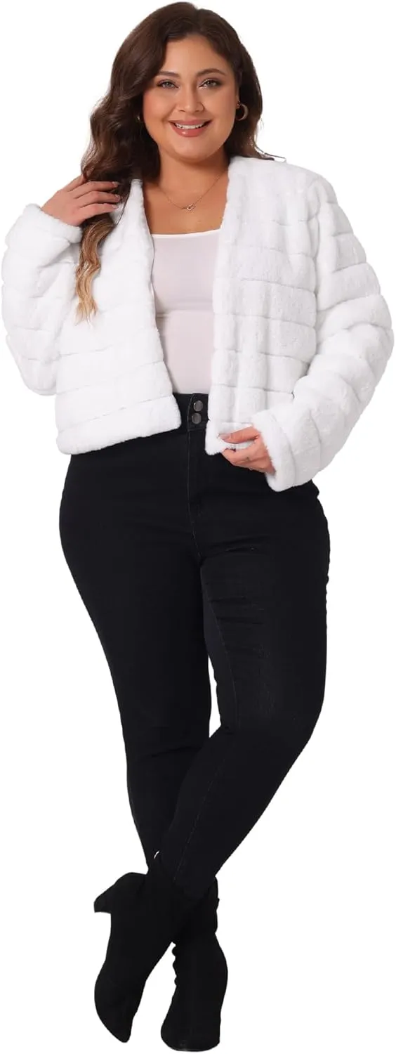 Agnes Orinda Plus Size Faux Fur Jacket for Women Open Front Collarless Wedding Formal Cropped Faux Fur Winter Jackets