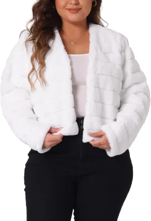Agnes Orinda Plus Size Faux Fur Jacket for Women Open Front Collarless Wedding Formal Cropped Faux Fur Winter Jackets
