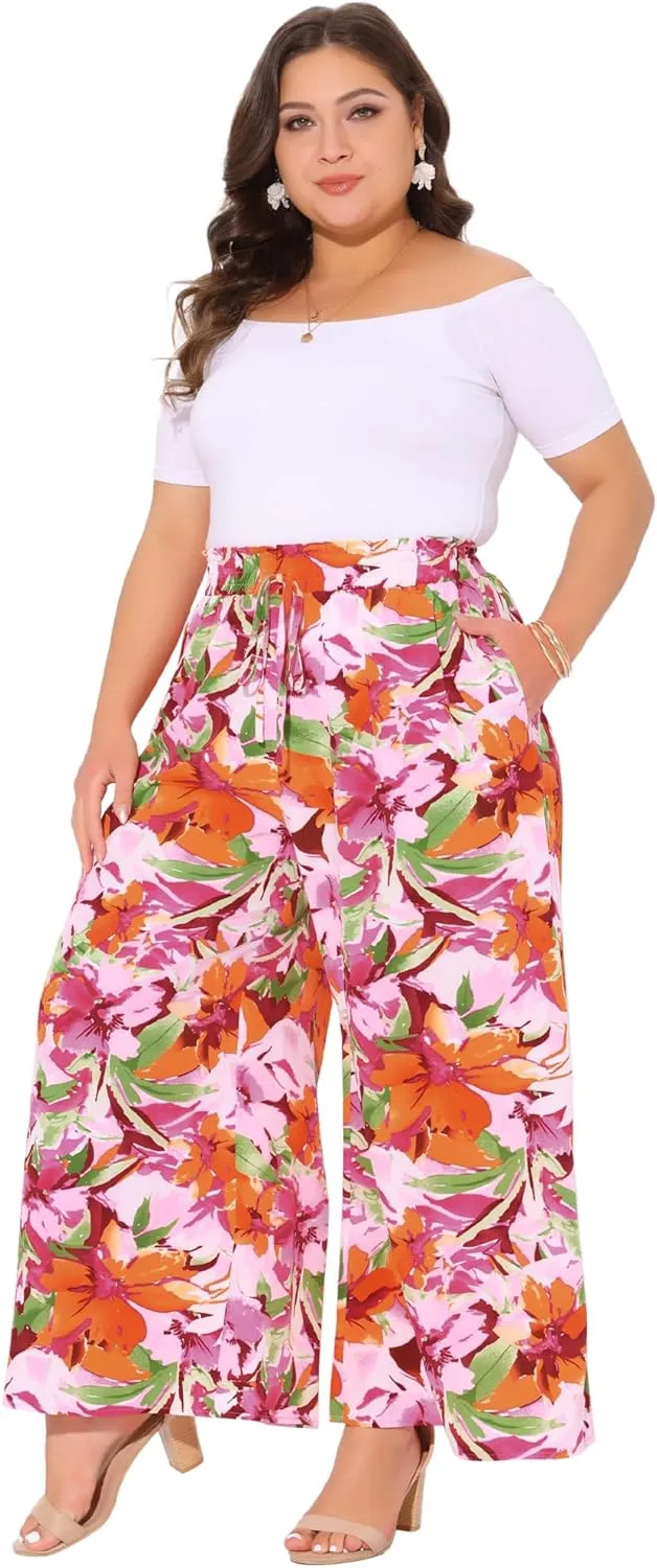 Agnes Orinda Women's Plus Size Casual Wide Leg Pants Boho Summer Floral Palazzo Pants Flowy Beach Trousers with Pocket