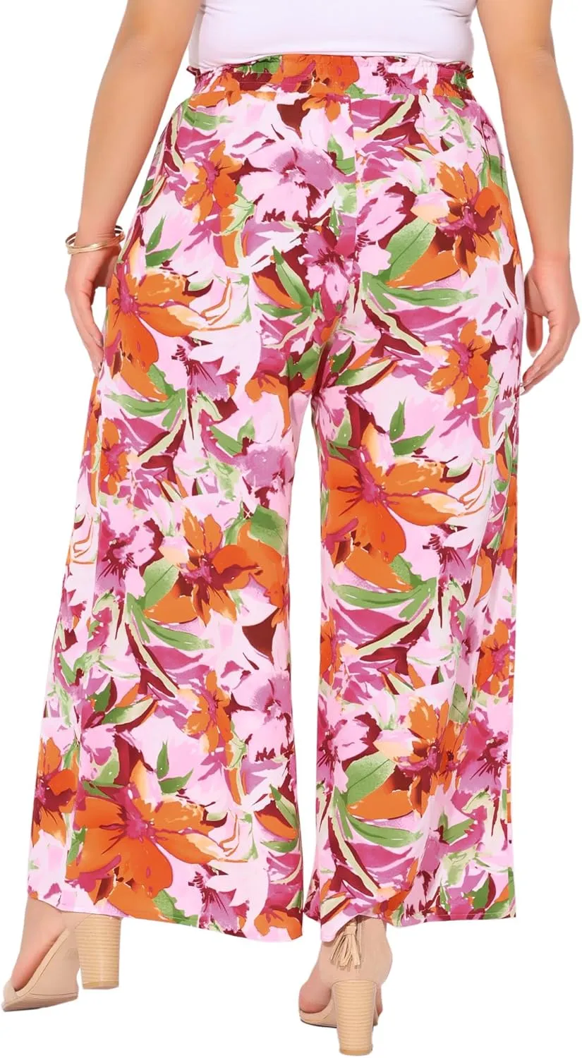 Agnes Orinda Women's Plus Size Casual Wide Leg Pants Boho Summer Floral Palazzo Pants Flowy Beach Trousers with Pocket