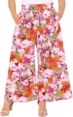 Agnes Orinda Women's Plus Size Casual Wide Leg Pants Boho Summer Floral Palazzo Pants Flowy Beach Trousers with Pocket