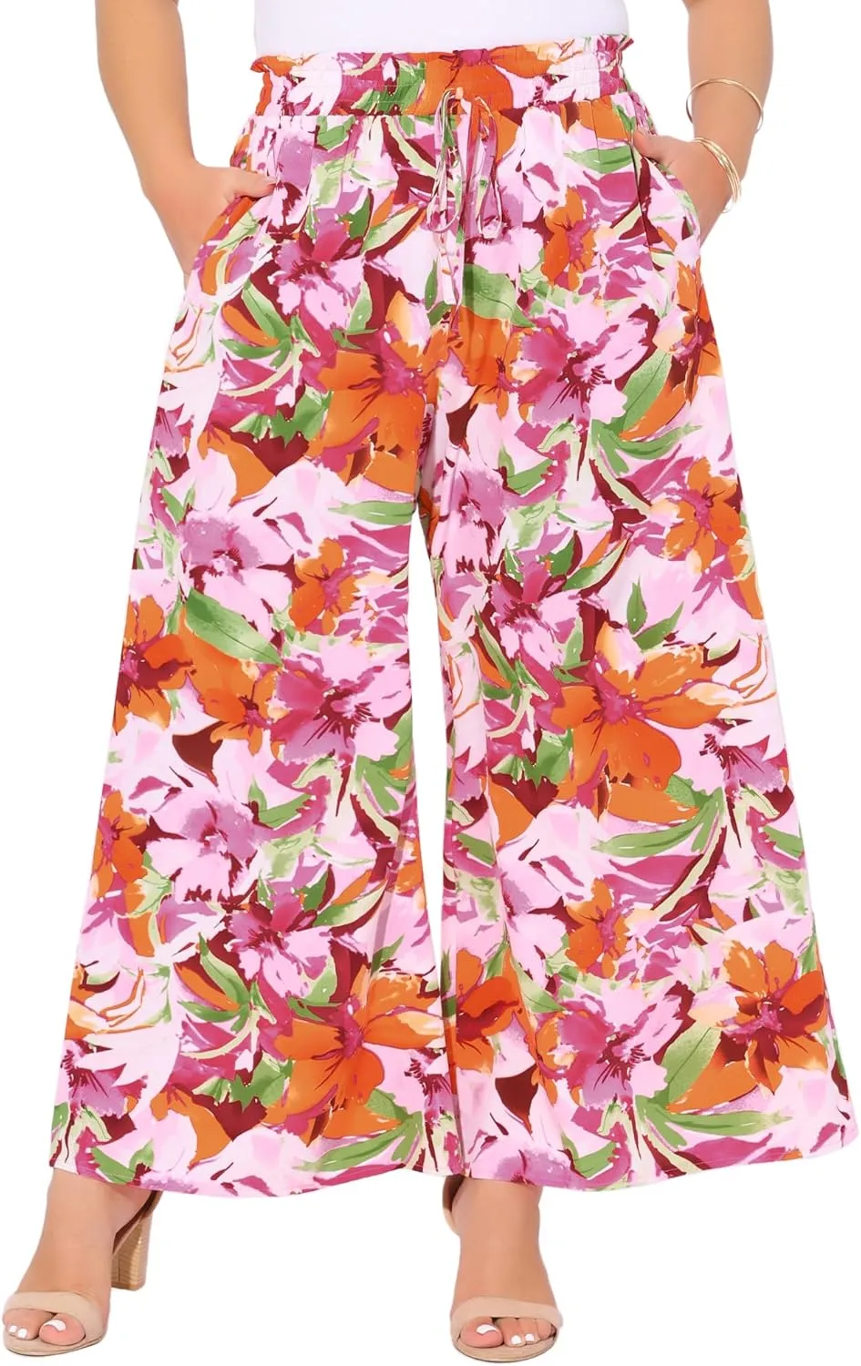 Agnes Orinda Women's Plus Size Casual Wide Leg Pants Boho Summer Floral Palazzo Pants Flowy Beach Trousers with Pocket
