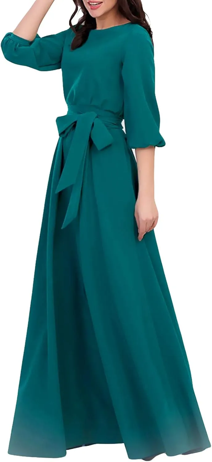AOOKSMERY Women Elegance Audrey Hepburn Style Round Neck 3/4 Puff Sleeve Swing Maxi Dress Long Belt Dresses with Pockets