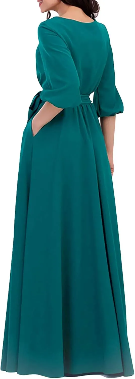 AOOKSMERY Women Elegance Audrey Hepburn Style Round Neck 3/4 Puff Sleeve Swing Maxi Dress Long Belt Dresses with Pockets