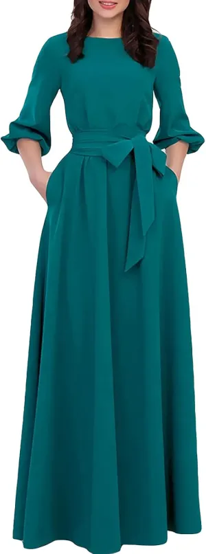AOOKSMERY Women Elegance Audrey Hepburn Style Round Neck 3/4 Puff Sleeve Swing Maxi Dress Long Belt Dresses with Pockets