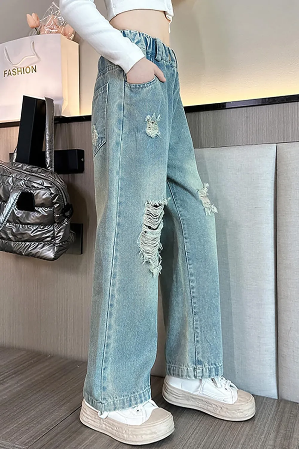 AOWKULAE Girls Jeans Elastic Waist Wide Leg Pants Kids Jeans 4-14 Years
