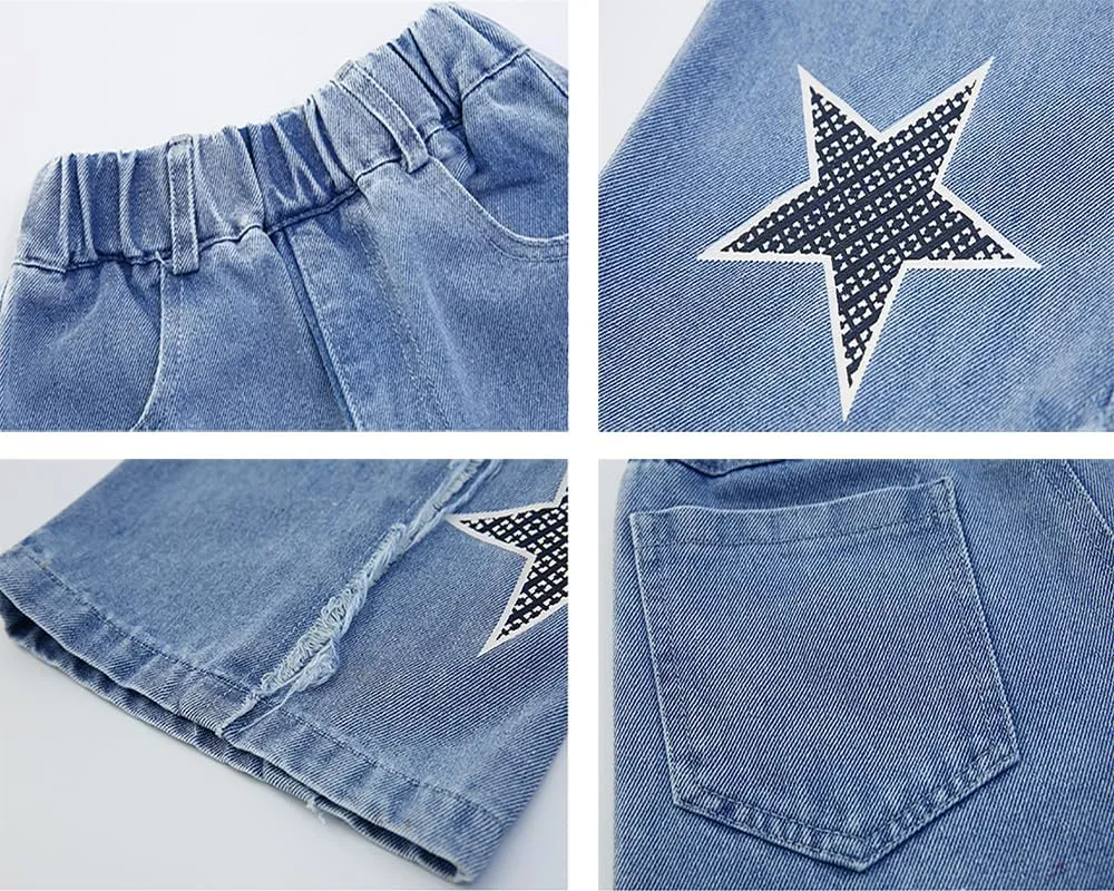 AOWKULAE Girls Jeans Elastic Waist Wide Leg Pants Kids Jeans 4-14 Years