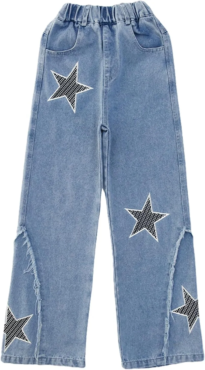 AOWKULAE Girls Jeans Elastic Waist Wide Leg Pants Kids Jeans 4-14 Years