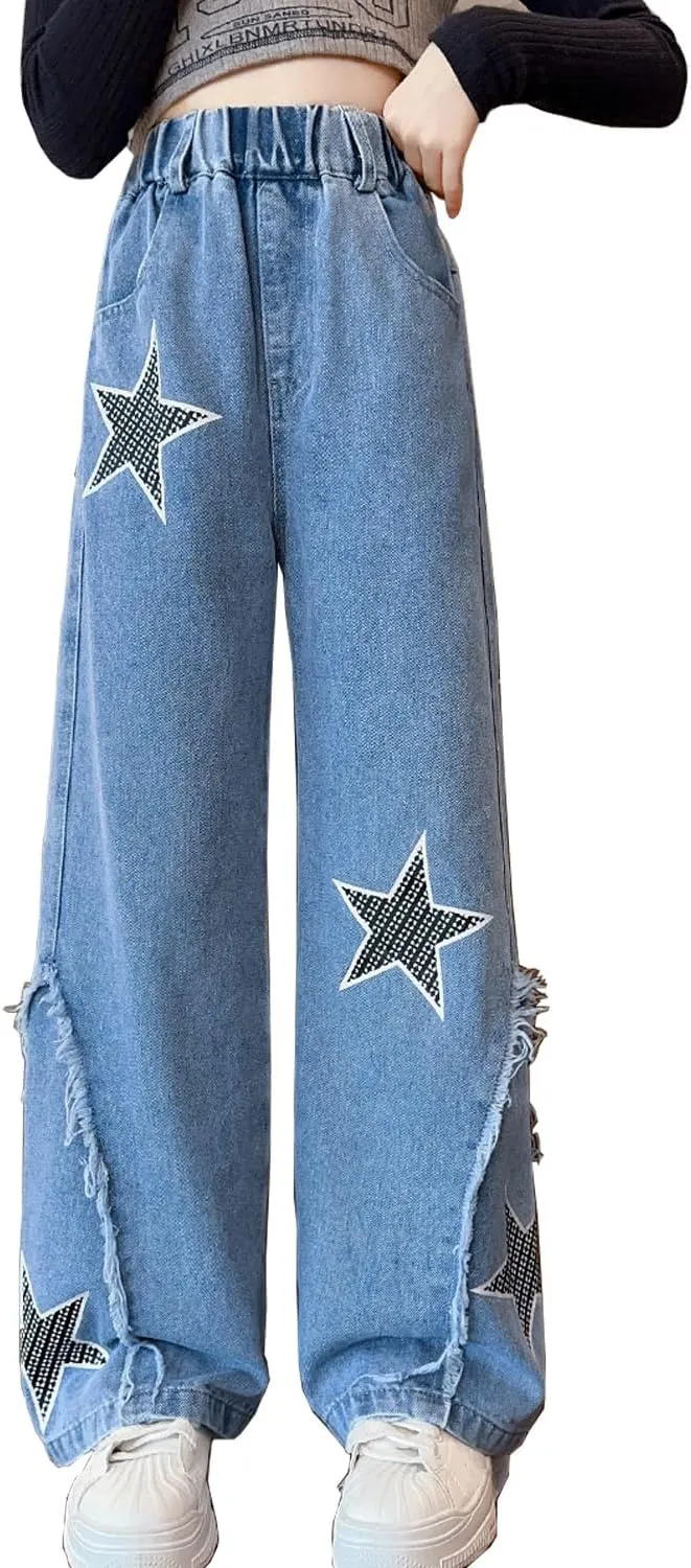 AOWKULAE Girls Jeans Elastic Waist Wide Leg Pants Kids Jeans 4-14 Years