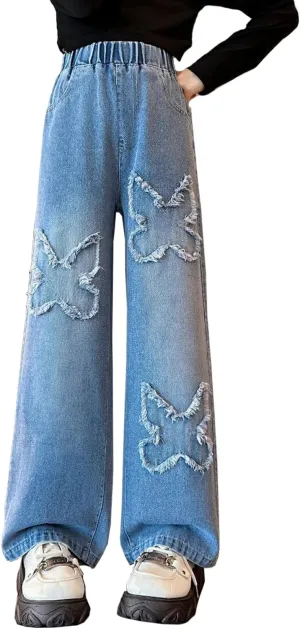 AOWKULAE Girls Jeans Elastic Waist Wide Leg Pants Kids Jeans 4-14 Years