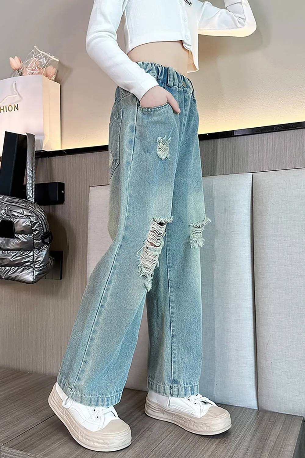 AOWKULAE Girls Jeans Elastic Waist Wide Leg Pants Kids Jeans 4-14 Years