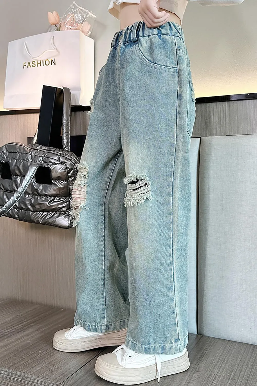 AOWKULAE Girls Jeans Elastic Waist Wide Leg Pants Kids Jeans 4-14 Years