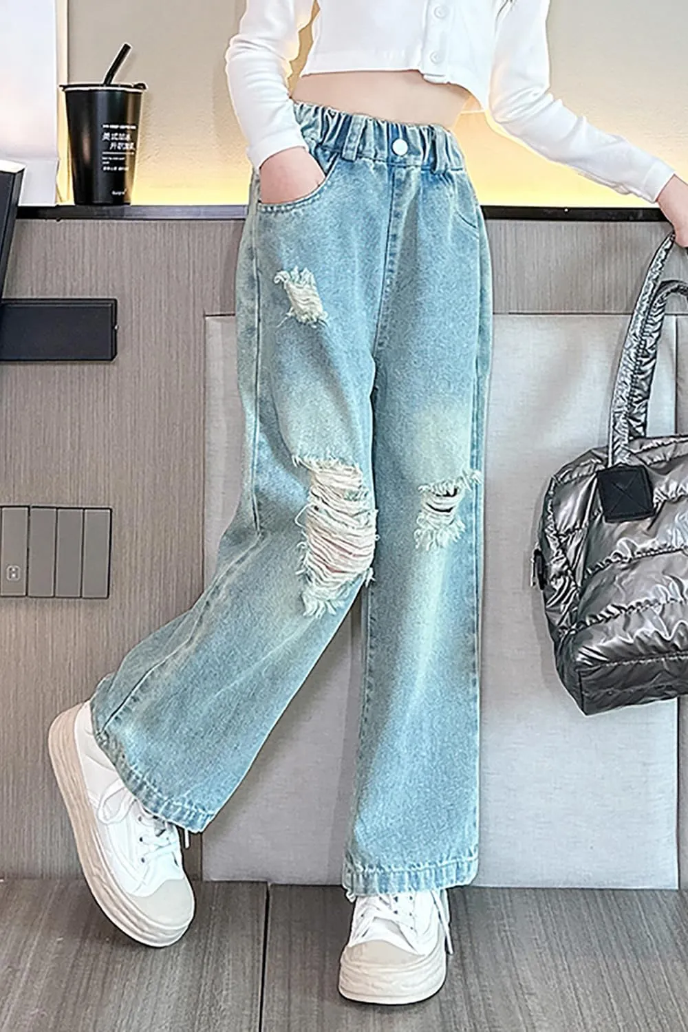 AOWKULAE Girls Jeans Elastic Waist Wide Leg Pants Kids Jeans 4-14 Years