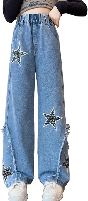 AOWKULAE Girls Jeans Elastic Waist Wide Leg Pants Kids Jeans 4-14 Years