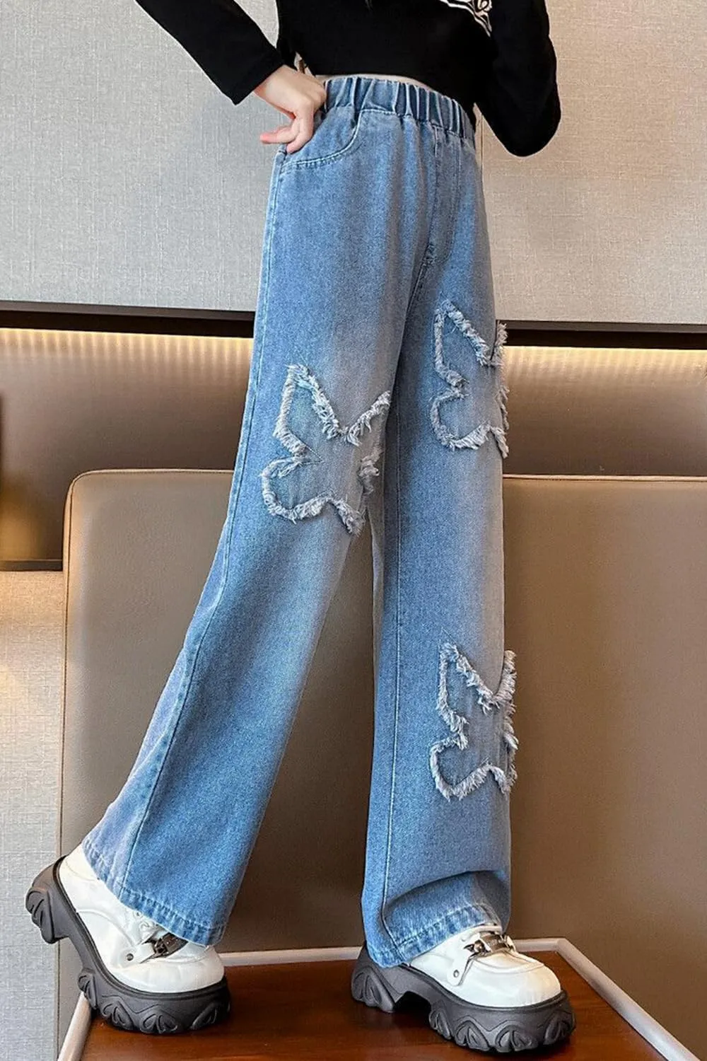 AOWKULAE Girls Jeans Elastic Waist Wide Leg Pants Kids Jeans 4-14 Years