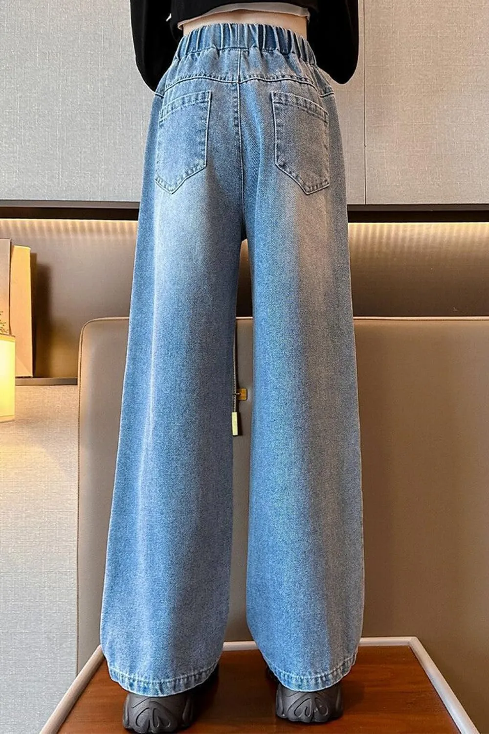 AOWKULAE Girls Jeans Elastic Waist Wide Leg Pants Kids Jeans 4-14 Years