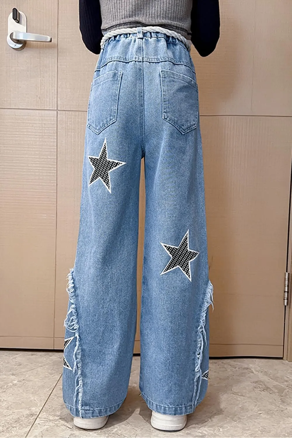 AOWKULAE Girls Jeans Elastic Waist Wide Leg Pants Kids Jeans 4-14 Years