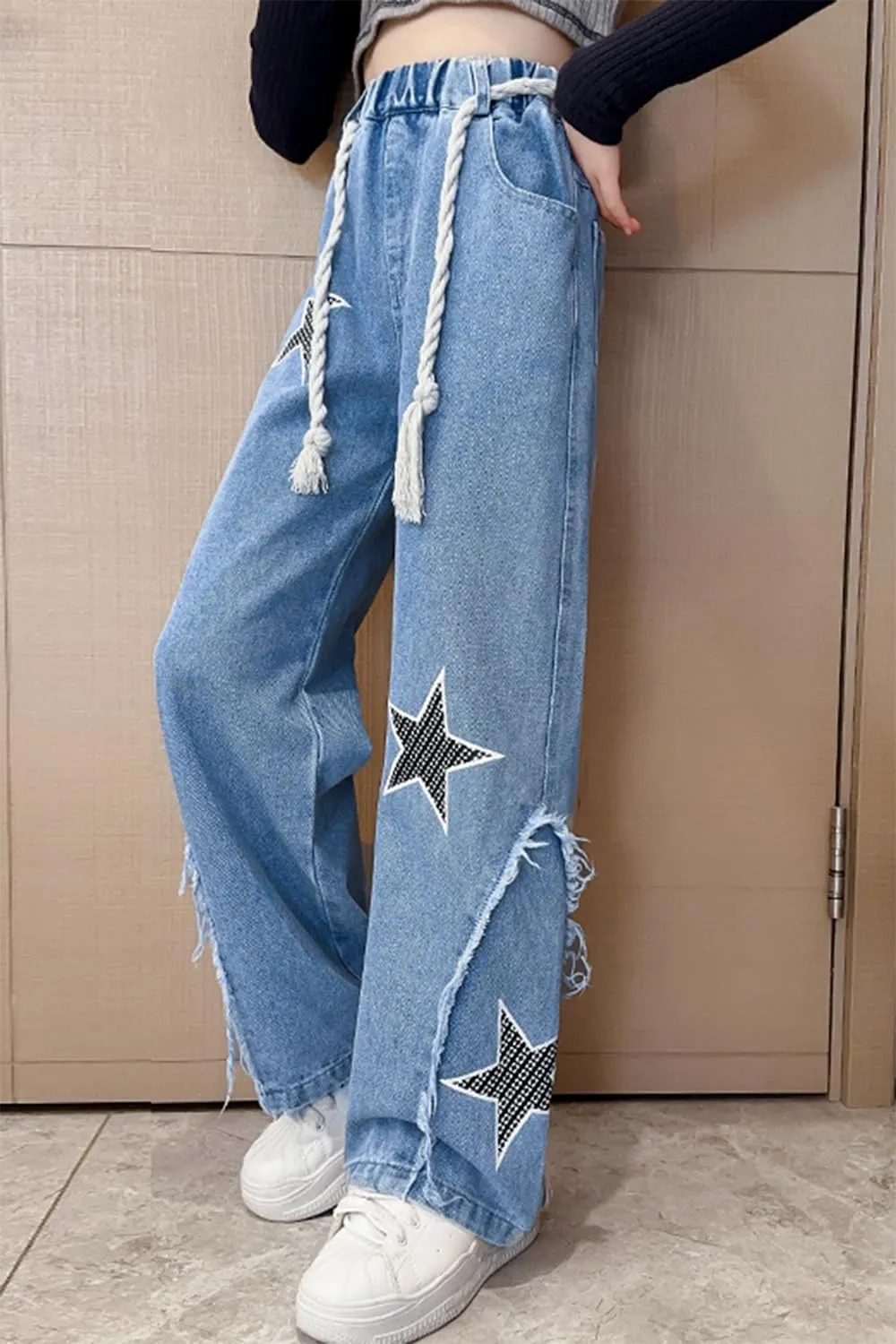 AOWKULAE Girls Jeans Elastic Waist Wide Leg Pants Kids Jeans 4-14 Years