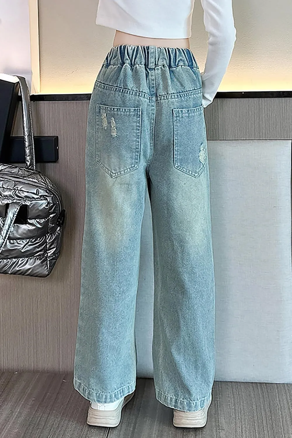 AOWKULAE Girls Jeans Elastic Waist Wide Leg Pants Kids Jeans 4-14 Years