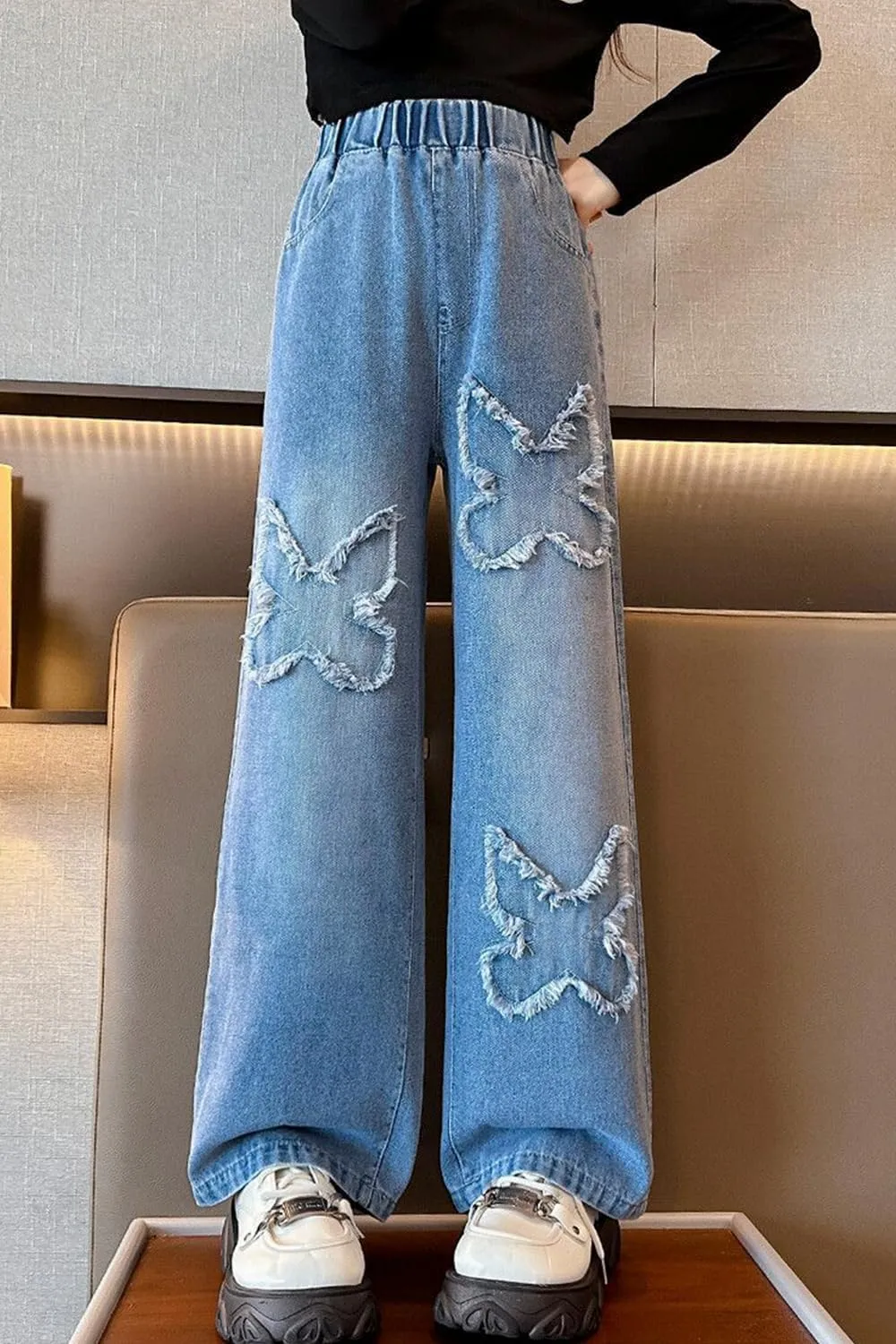 AOWKULAE Girls Jeans Elastic Waist Wide Leg Pants Kids Jeans 4-14 Years
