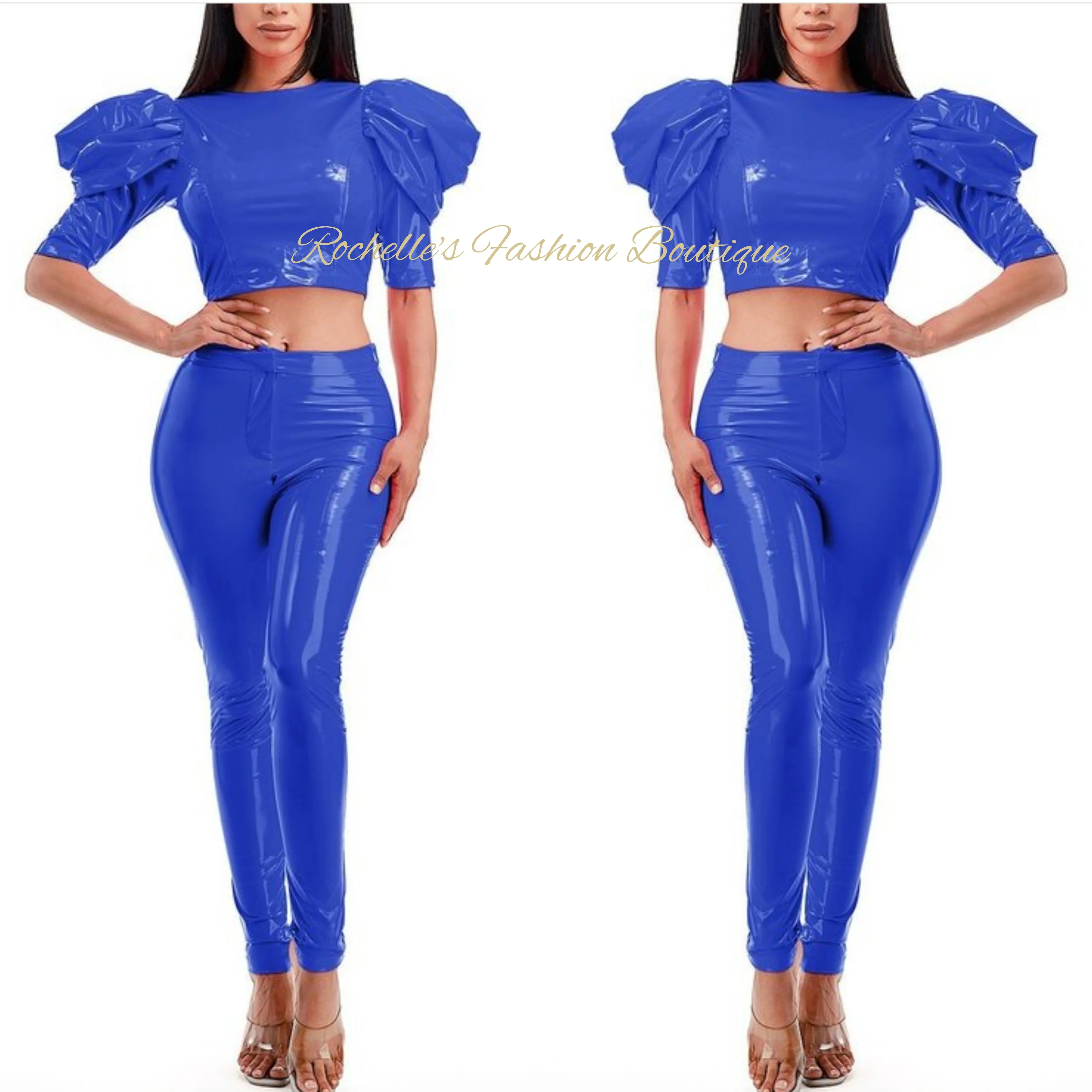 Black Leather Puff S/S Crop Top Pants Set