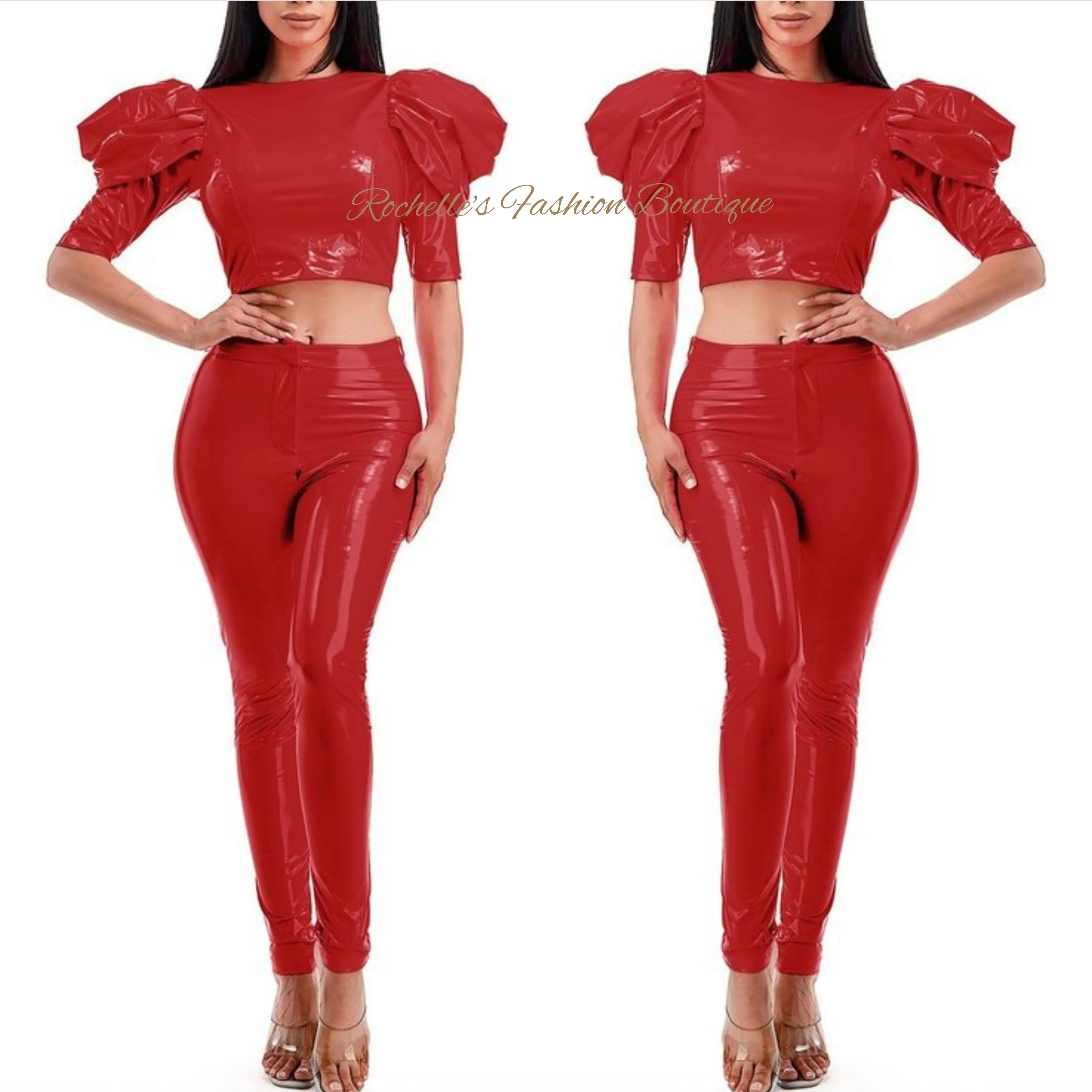 Black Leather Puff S/S Crop Top Pants Set