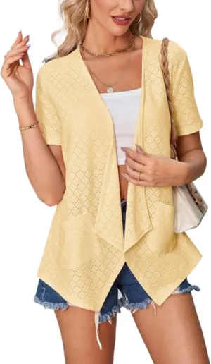 Blostirno Women's Short Sleeve Cardigan Open Front V Neck Lightweight Bolero Cropped Shrug Summer Hollow Out Tops with Pocket