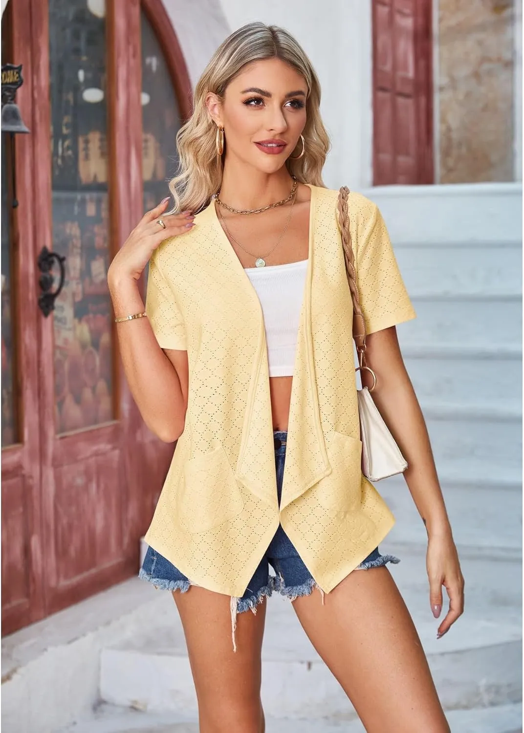 Blostirno Women's Short Sleeve Cardigan Open Front V Neck Lightweight Bolero Cropped Shrug Summer Hollow Out Tops with Pocket