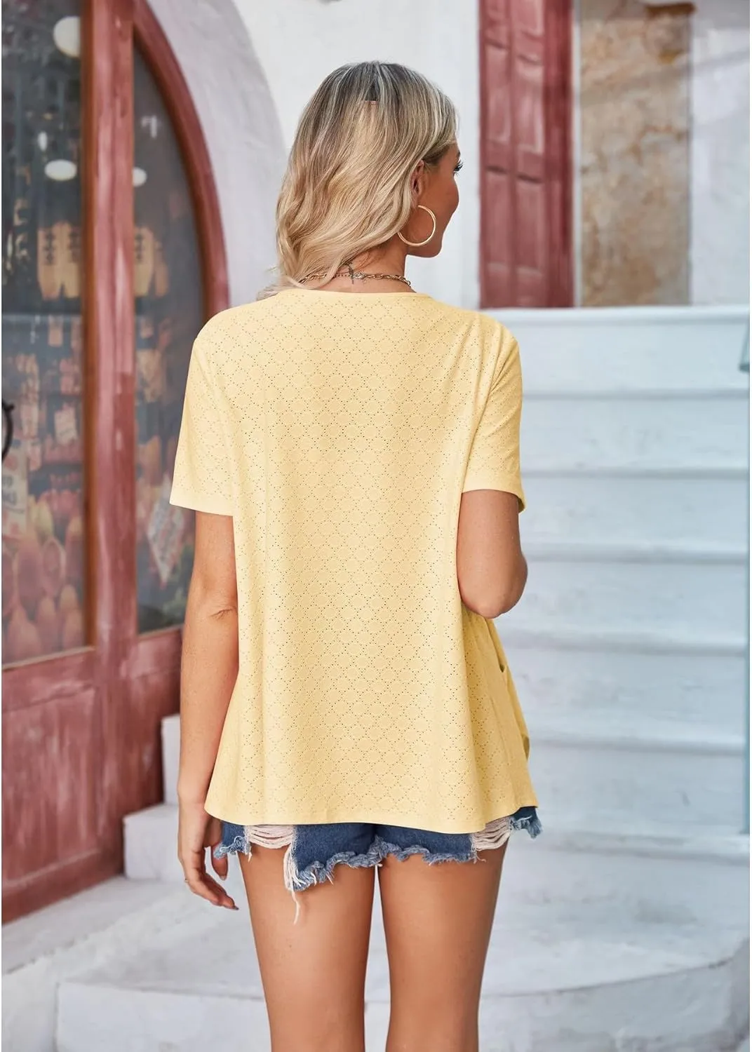 Blostirno Women's Short Sleeve Cardigan Open Front V Neck Lightweight Bolero Cropped Shrug Summer Hollow Out Tops with Pocket