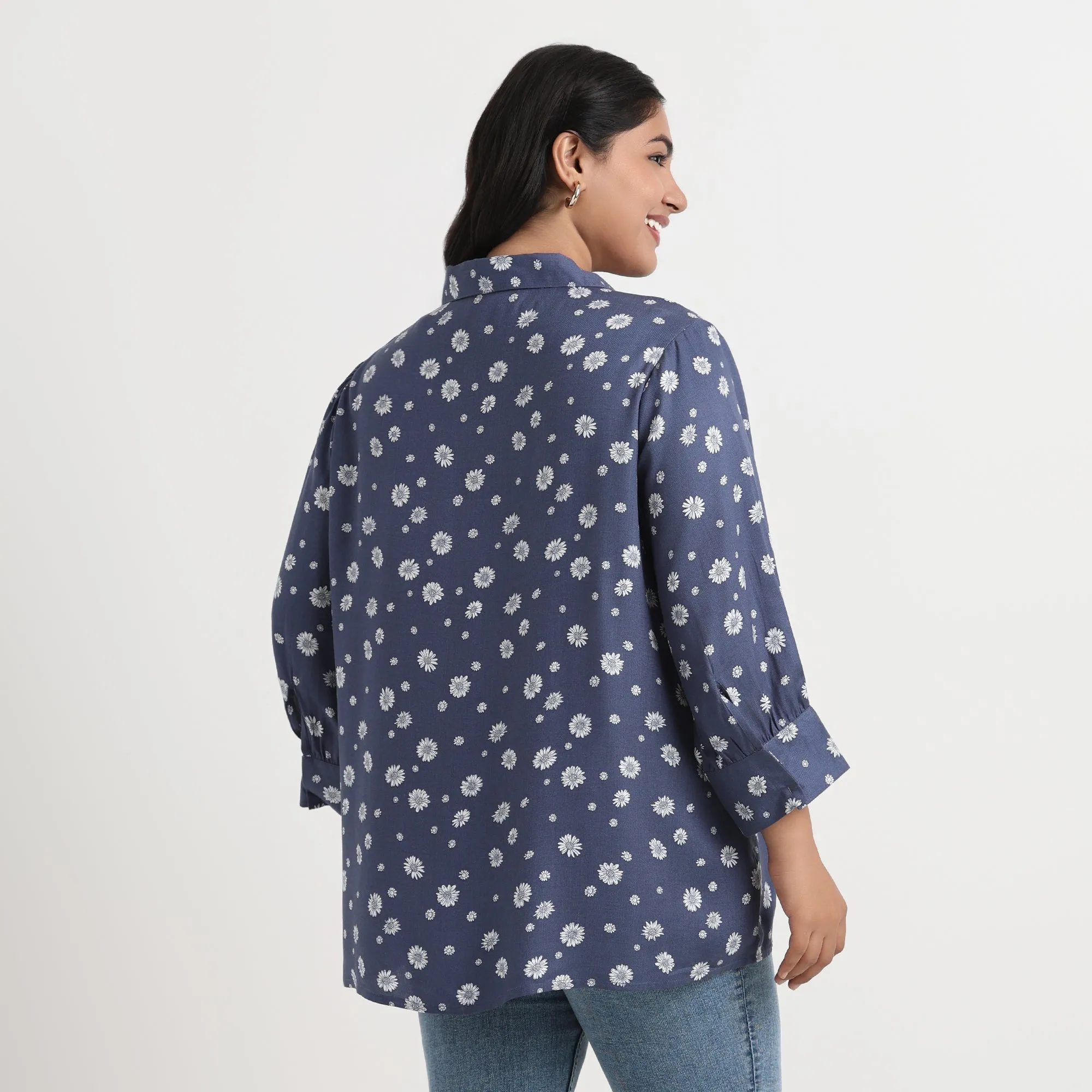 Blue Daisy Print Viscose Twill Top