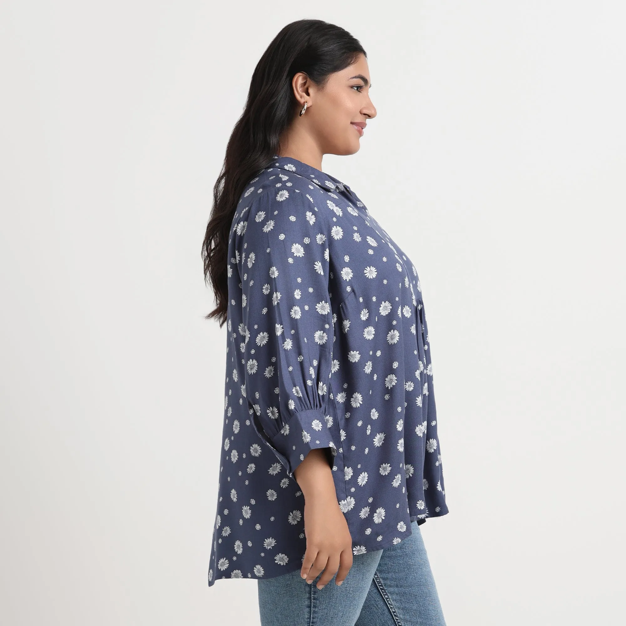 Blue Daisy Print Viscose Twill Top
