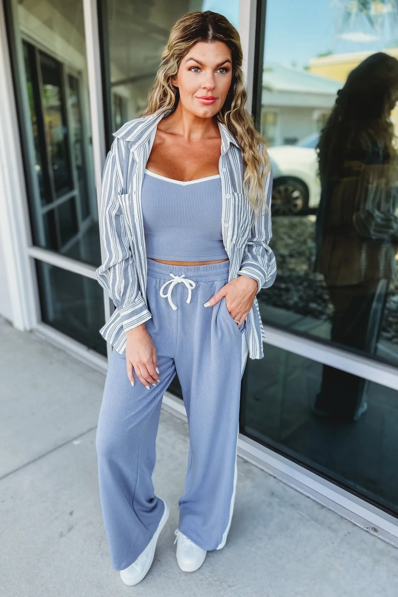 Boardwalk Bliss Striped Button Down Blue Top