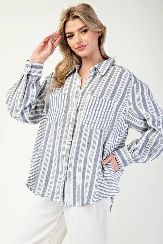 Boardwalk Bliss Striped Button Down Blue Top