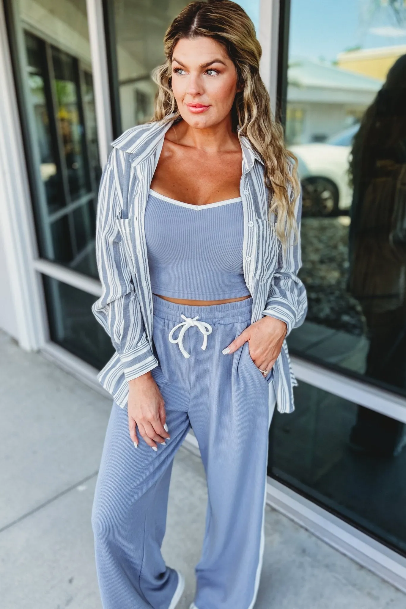 Boardwalk Bliss Striped Button Down Blue Top