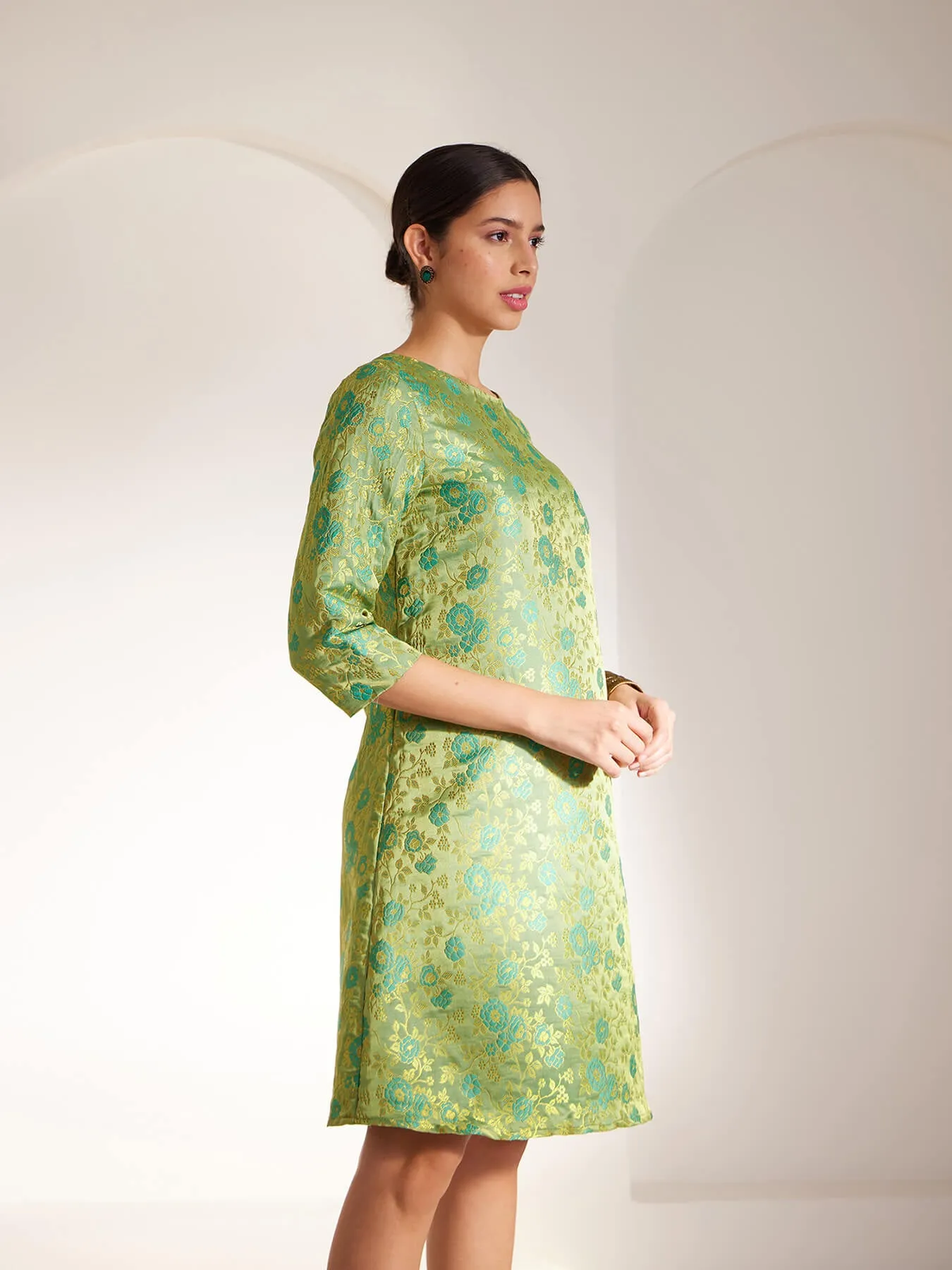 Brocade Boat Neck Shift Dress - Green And Gold