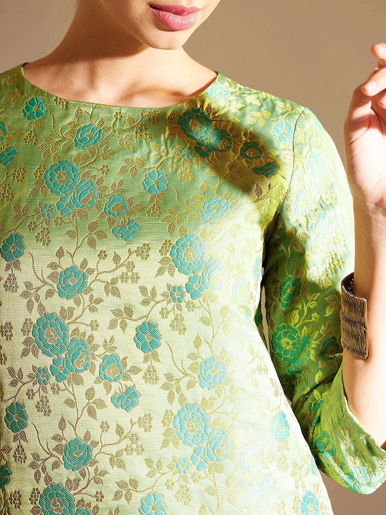 Brocade Boat Neck Shift Dress - Green And Gold