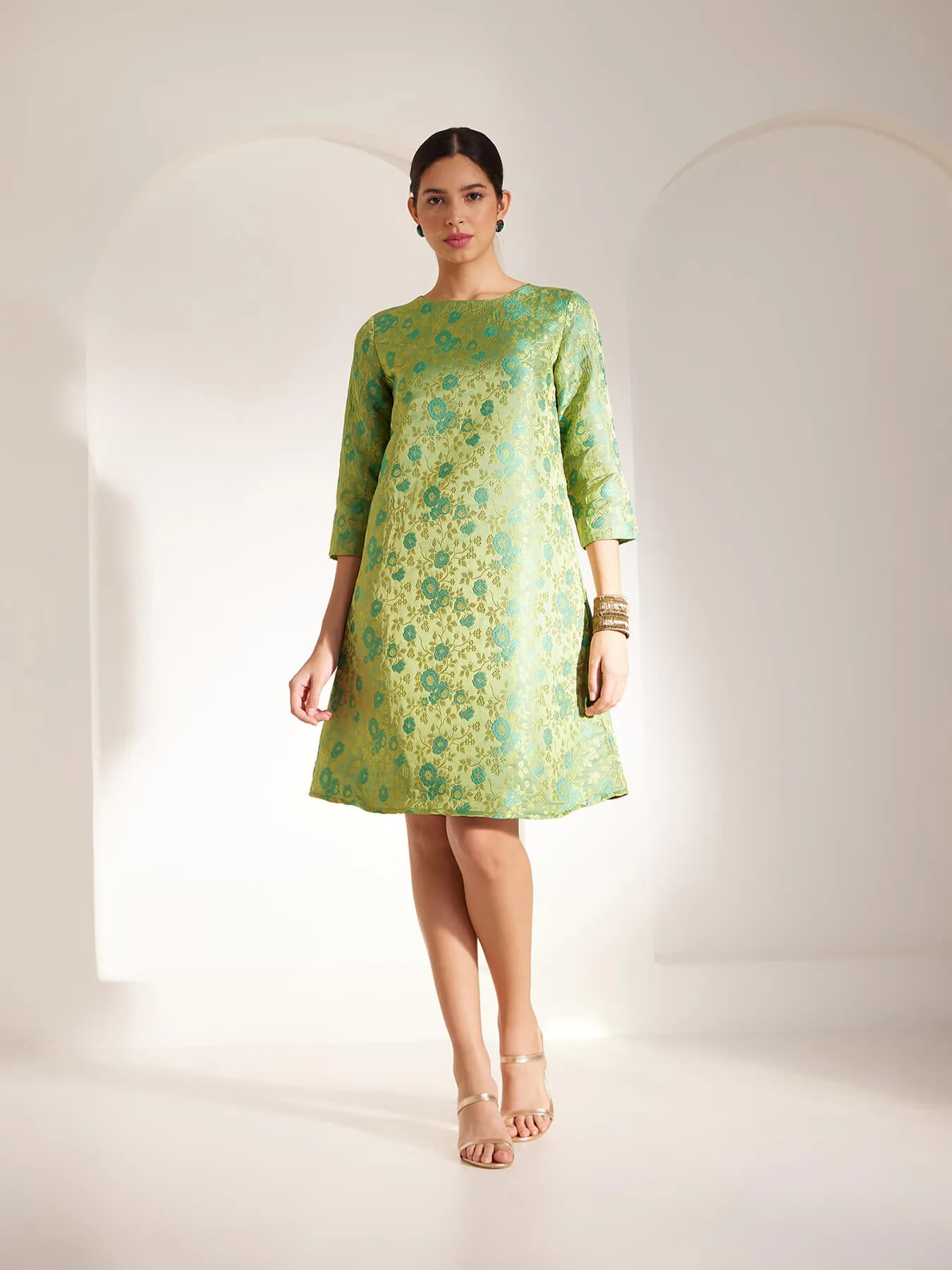 Brocade Boat Neck Shift Dress - Green And Gold