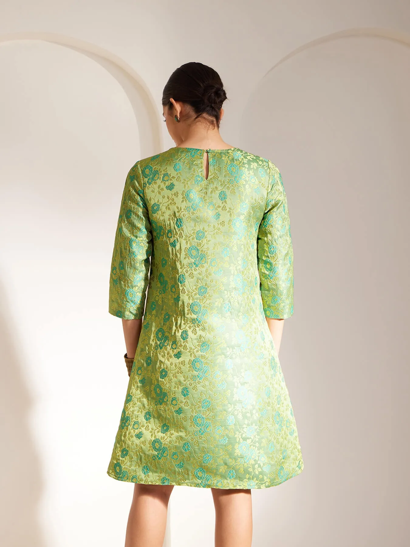 Brocade Boat Neck Shift Dress - Green And Gold