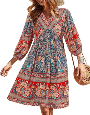 BTFBM Women Casual Spring Summer Dresses V Neck 3/4 Long Sleeve Ruffle Floral Flowy Boho Babydoll Mini Short Beach Dress