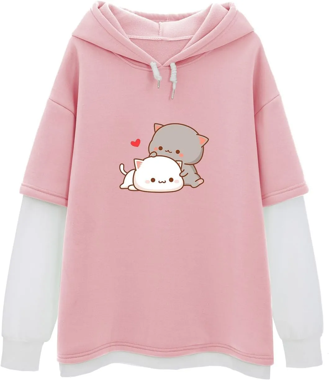 Bubeutou Women Cute Cat Graphic Hoodies for Teen Girls Color Block Kawaii Aesthetic Sweatshirt Cartoon Patchwork Pullover Top