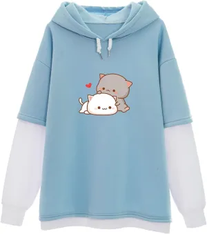 Bubeutou Women Cute Cat Graphic Hoodies for Teen Girls Color Block Kawaii Aesthetic Sweatshirt Cartoon Patchwork Pullover Top