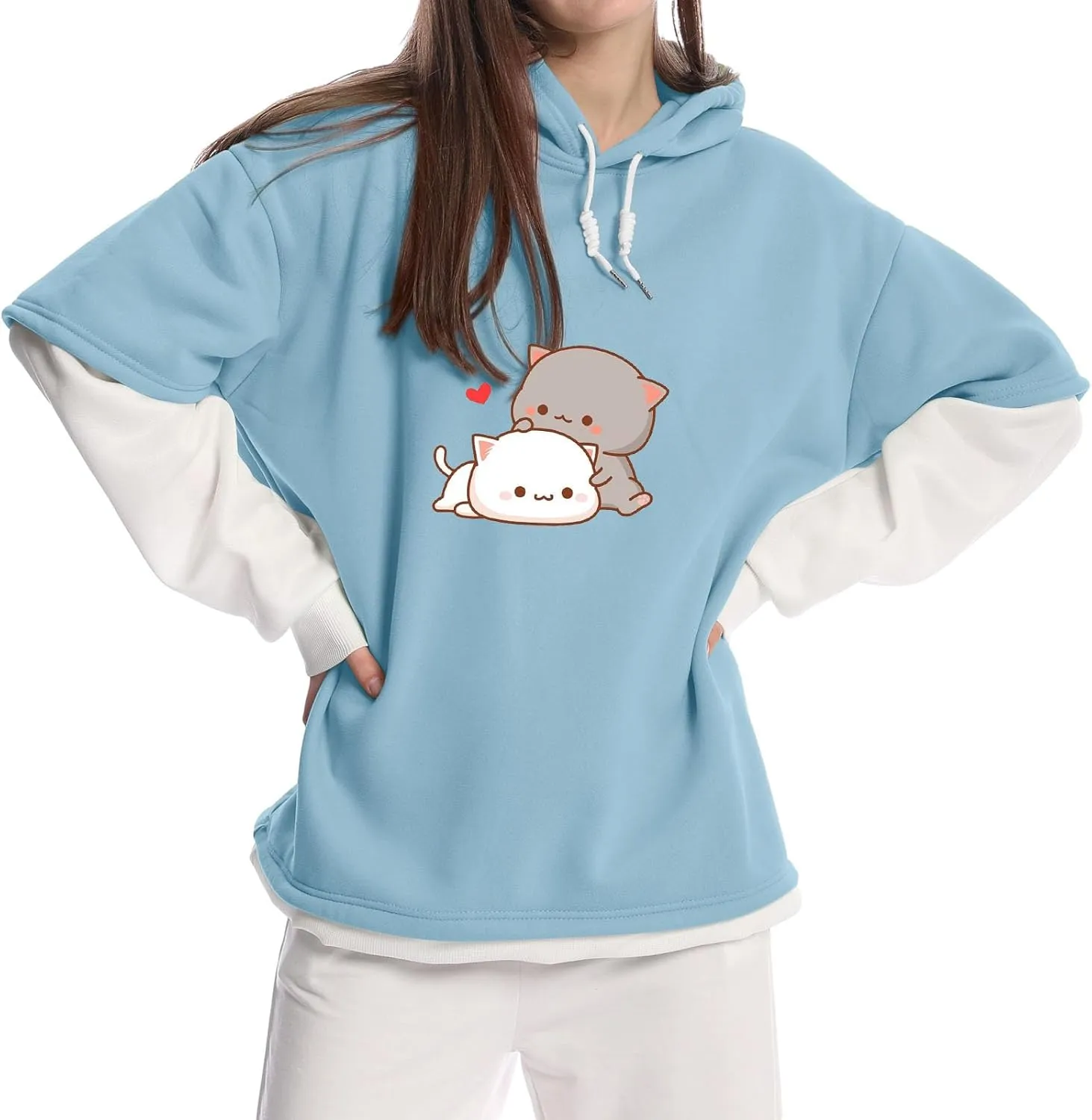 Bubeutou Women Cute Cat Graphic Hoodies for Teen Girls Color Block Kawaii Aesthetic Sweatshirt Cartoon Patchwork Pullover Top