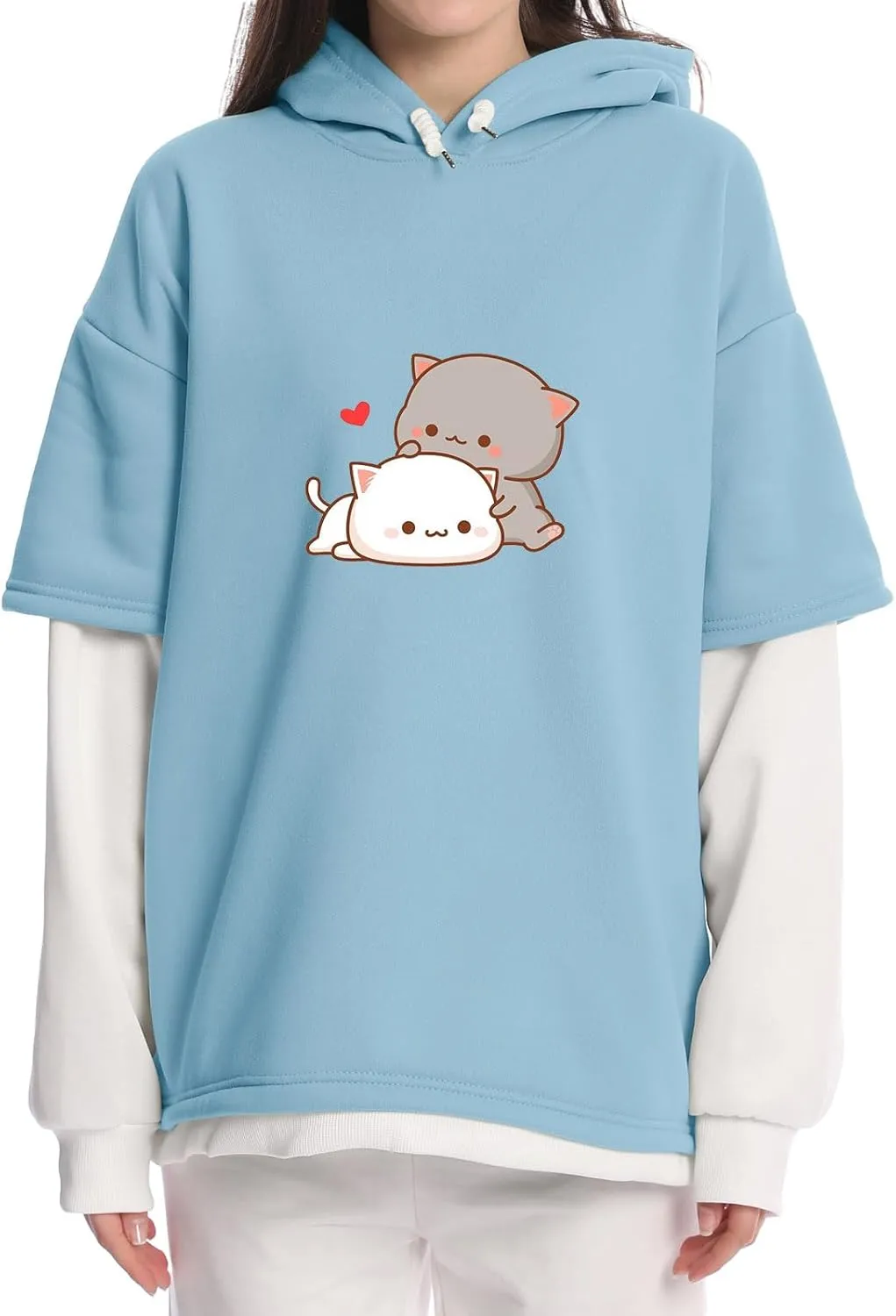 Bubeutou Women Cute Cat Graphic Hoodies for Teen Girls Color Block Kawaii Aesthetic Sweatshirt Cartoon Patchwork Pullover Top
