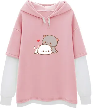 Bubeutou Women Cute Cat Graphic Hoodies for Teen Girls Color Block Kawaii Aesthetic Sweatshirt Cartoon Patchwork Pullover Top