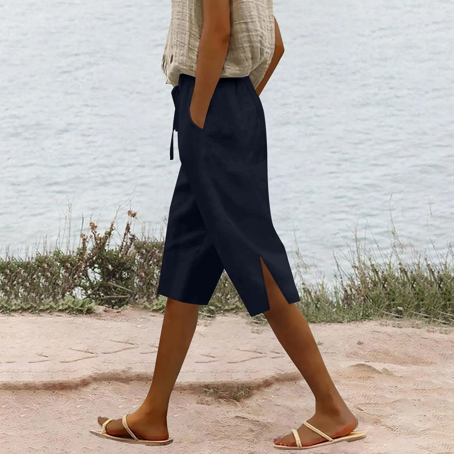 Capris Linen Pants for Women 2025 Summer Wide Leg Causal Beach Shorts Elastic High Waist Linen Trousers with Pockets